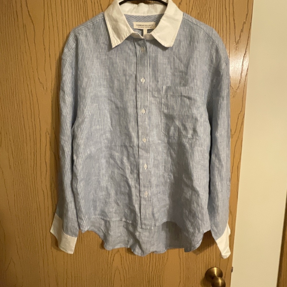 Women's Current Elliott Button Up Shirt Linen Stripes Blue White Size medium